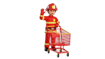 Cartoon firefighter pushing shopping cart, isolated on transparent background