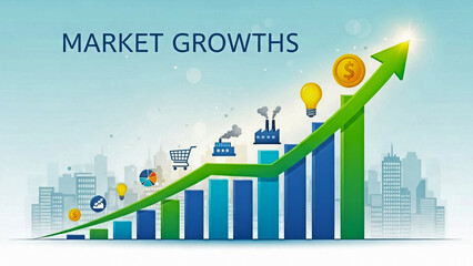 Market growth graph with cityscape and rising arrow