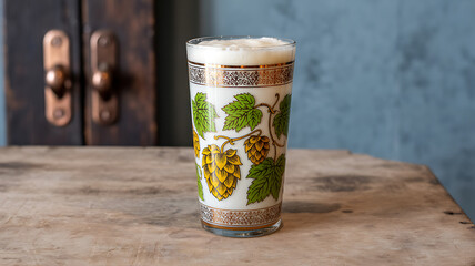 Vintage Floral Patterned Glass Tumbler on Wooden Table with Rustic Background