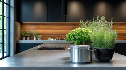 Large steel cooking pot on modern kitchen island with fresh green herbs, wooden backsplash, and natural light ambiance