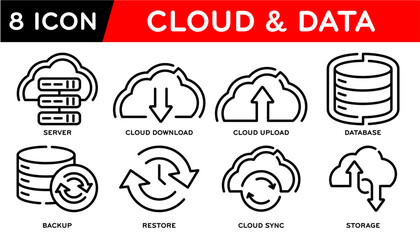 Cloud, data, Cloud upload, Cloud download, Server, Database, Backup, Restore, Sync, Storage. Vector illustration
