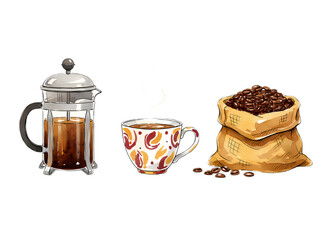 Coffee setup with French press, cup, and beans on a black background