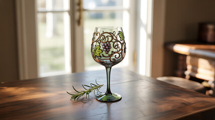 Ornate Decorative Wine Glass with Floral Pattern on Wooden Table