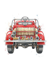 Vintage red fire truck with hose and equipment