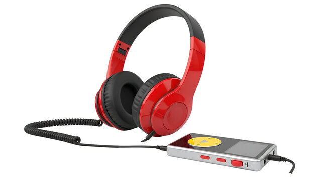 Red headphones with mp3 player isolated on transparent background