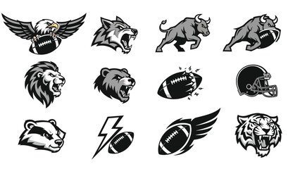 Collection of football mascot logos in black and white