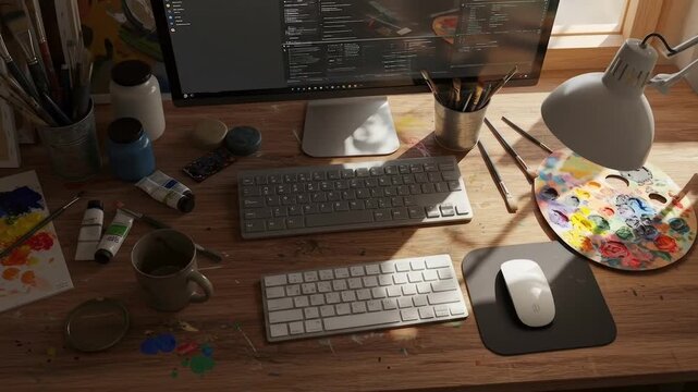 Creative workspace with computer and art supplies on a wooden desk.