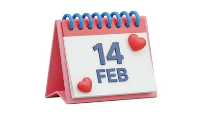 Calendar with hearts date 14 feb isolated on transparent background