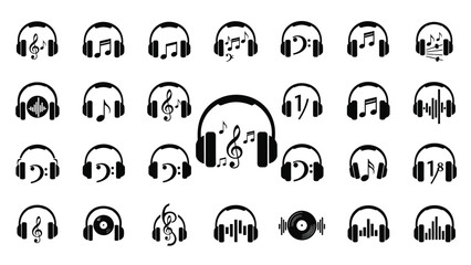 Collection of headphones and music symbols in black and white