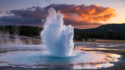 Geyser Eruption at Sunset with Fiery Sky