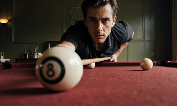 Young man aiming cue stick at the 8-ball on a pool table