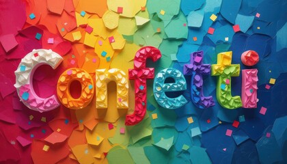 Bright Colorful Confetti Letters on Vibrant Rainbow Background