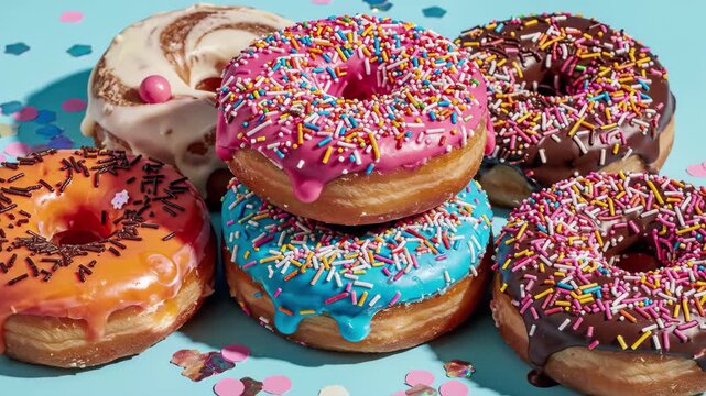 Assortment of six colorful frosted donuts with sprinkles on light blue background with confetti, 4k high quality video