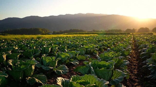Cabbage Field at Sunrise - A Bountiful Harvest in the Countryside.