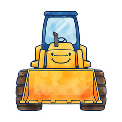 Smiling bulldozer with yellow body and big wheels
