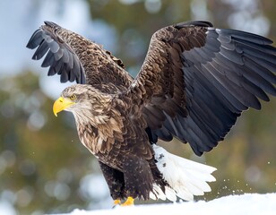 Obraz premium Large bird of prey with wings spread against a winter backdrop