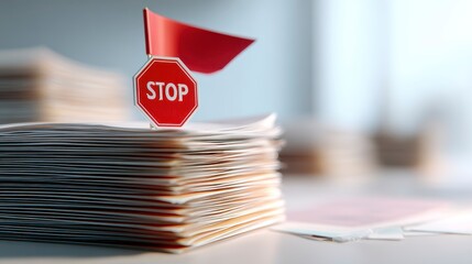 Close-up of a stack of documents, topped with a "STOP" sign flag, creating a visual metaphor for bureaucratic delays or obstacles. The focus is on the sign
