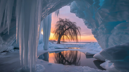 Frozen Winter Forest with Ice Cave and Sunset Lake in Cinematic Light