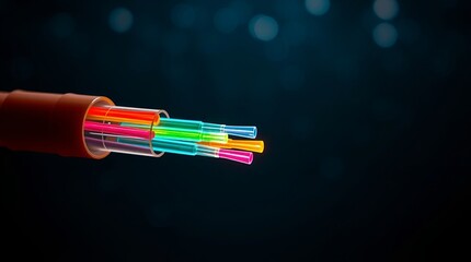 Modern illustration of colorful fiber optic cables emitting light against a dark bokeh background.