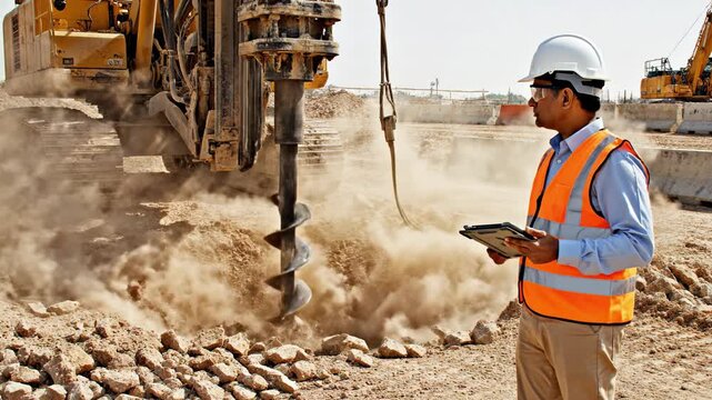 Engineer in safety gear uses a tablet while a drilling rig bores into the ground. Ideal for industrial projects, construction site management, and heavy machinery concepts.