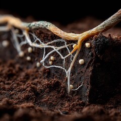 Sprouting seedling with visible roots in soil