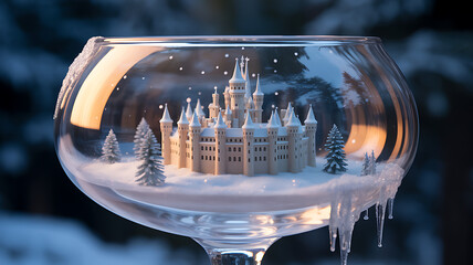 Magical Glass Dome Castle in Snowy Fantasy Landscape with Ice Crystals