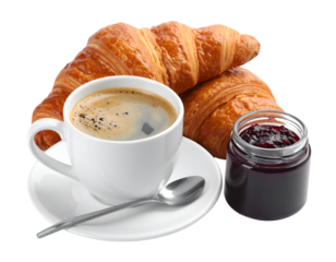 Tasty breakfast. Cup of coffee, jam and croissants isolated on transparent png