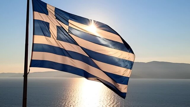 A greek flag waving gently in the breeze with ocean and distant mountains at sunset time view