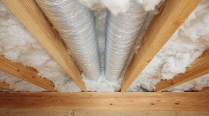 Close-up of building components, two silver, flexible tubes nestled amid fluffy insulation and wooden support beams