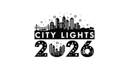 A striking city skyline design with illuminated buildings and a bold typographic element silhouette © Pvect02