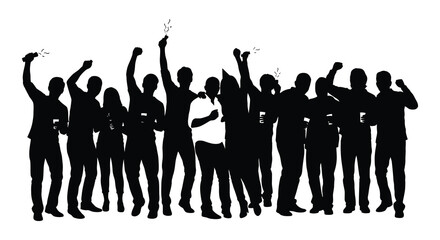 A joyful crowd of people raising their arms in celebration a striking dark silhouette