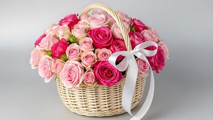 A beautifully arranged basket filled with vibrant pink roses, accented with a delicate white ribbon.
