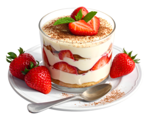 Traditional Italian dessert strawberry tiramisu in a cup isolated on transparent png