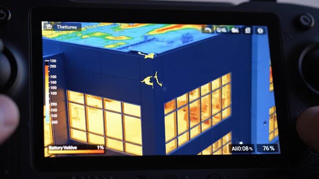 Close up view of controller screen displaying thermal heat map of building roof. Visualizing energy efficiency and heat loss data for industrial inspection and maintenance planning.