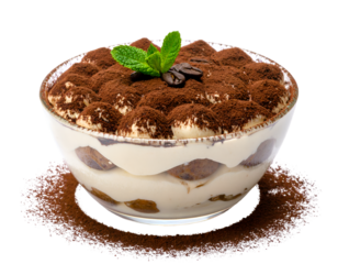 Traditional Italian dessert tiramisu in a glass cup isolated on transparent png