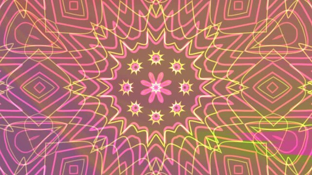 Kaleidoscopic pattern with floral and geometric shapes suitable for backgrounds, packaging design, textiles, and abstract art projects. Vibrant and versatile.