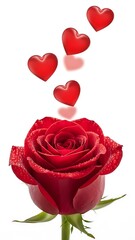 A vibrant red rose with water droplets on its petals is surrounded by several floating red hearts, symbolizing love and affection.