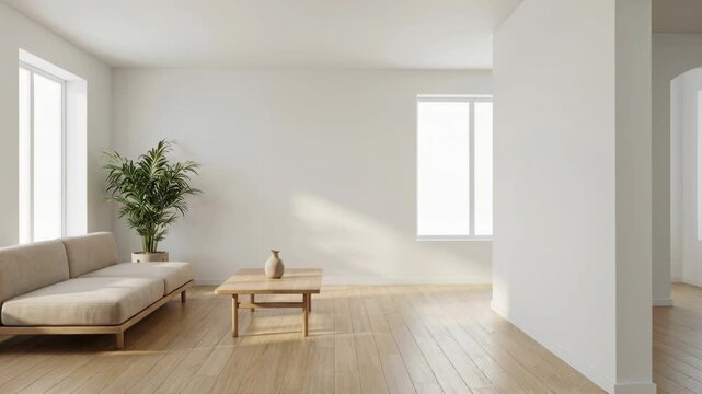 A bright modern living room interior features a beige sofa, a wooden coffee table with a vase, and a lush green plant. Large windows allow natural