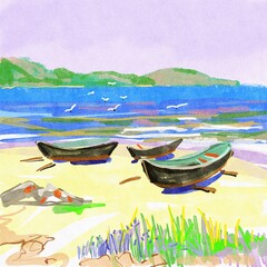 summer landscape with boat. A peaceful seaside scene featuring three black boats resting on the sandy shore, with fishing nets nearby. Gentle waves lap the shoreline, creating a serene and idyllic coa
