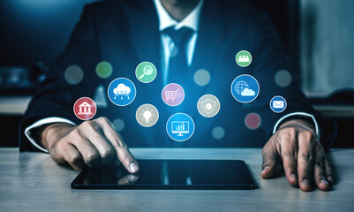 Set of business and digital service icons representing finance, cloud, analytics, email, communication, ecommerce, cybersecurity, and global connectivity in a modern ecosystem Vouch