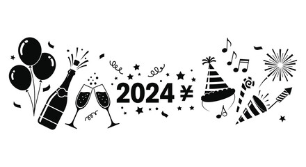 Festive new year celebration elements with champagne balloons and party favors silhouette