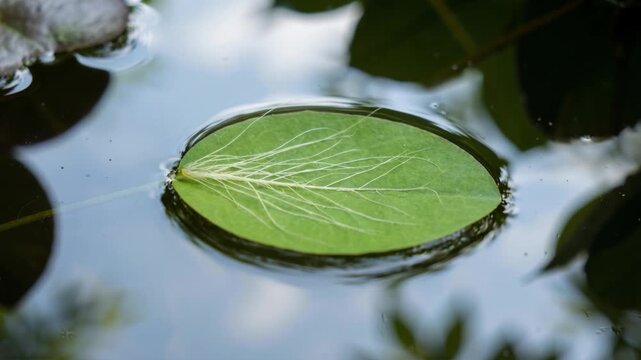 A bright green water lily pad with visible veins floats on calm blue water surrounded by darker green lily pads and foliage