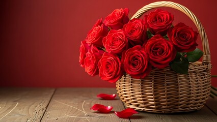 A beautifully arranged bouquet of vibrant red roses sits in a rustic wicker basket. 
