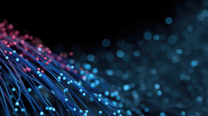 Abstract futuristic technology background with glowing blue and red fiber optic cables, digital data flow, and bokeh light effect