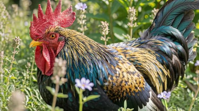 Detailed close-up portrait of a proud rooster with a bright red comb and iridescent blue and gold plumage. Lush green garden backdrop with soft