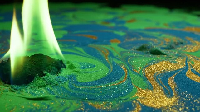 A vibrant emerald green flame dances hypnotically, illuminating a swirling pattern of blue and gold particles on a textured surface.