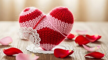 Red crochet heart with lace detail, handmade romantic decor, soft fabric texture, love theme