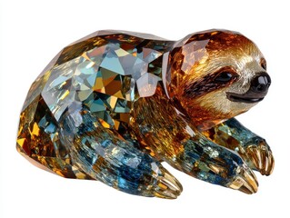 Obraz premium Decorative Crystal Sloth Figurine Sparkling Faceted Glass Animal Sculpture on White Background
