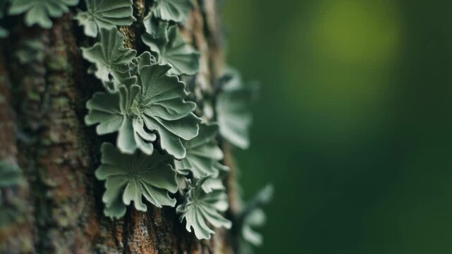 Close-up of bracket lichen on tree bark in a lush forest landscape