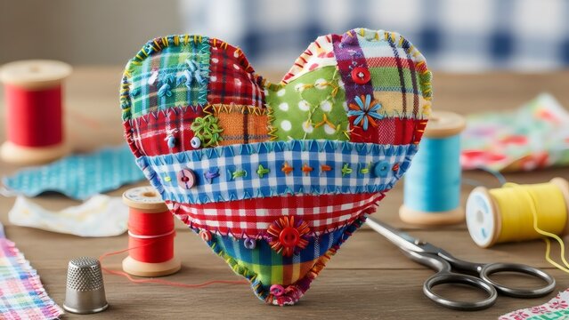 Patchwork fabric heart, colorful handmade textile, creative love decor, cozy craft background